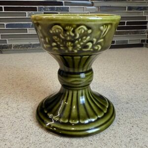 Vintage Huttinger's Candle Room Green Drip Glaze Ceramic Pedestal Candle Holder